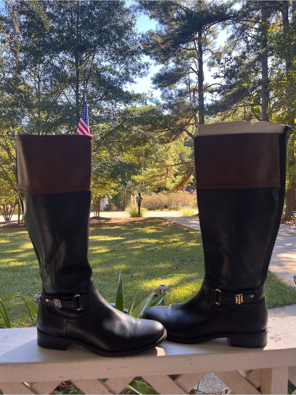 Tommy Hilfiger Women’s Two-Tone Black and Brown Riding Boots 8-1/2